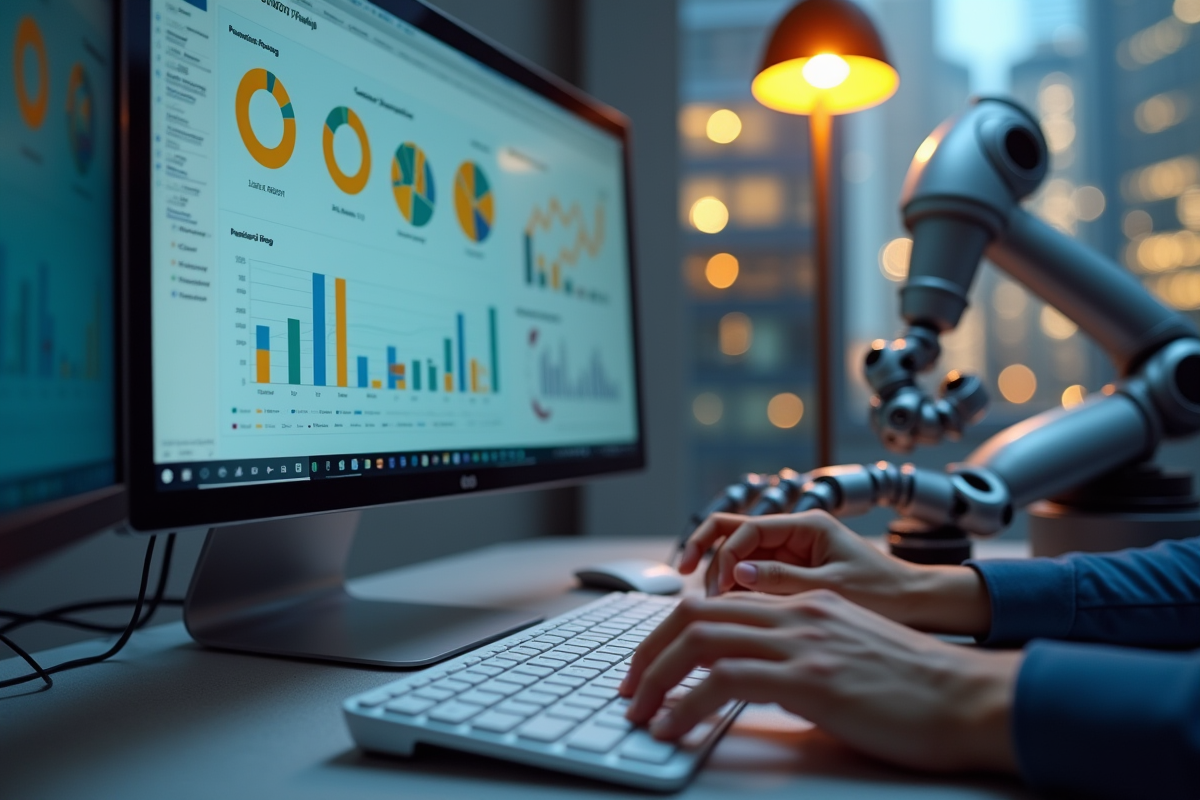 Main humaine et bras robotique sur un clavier d