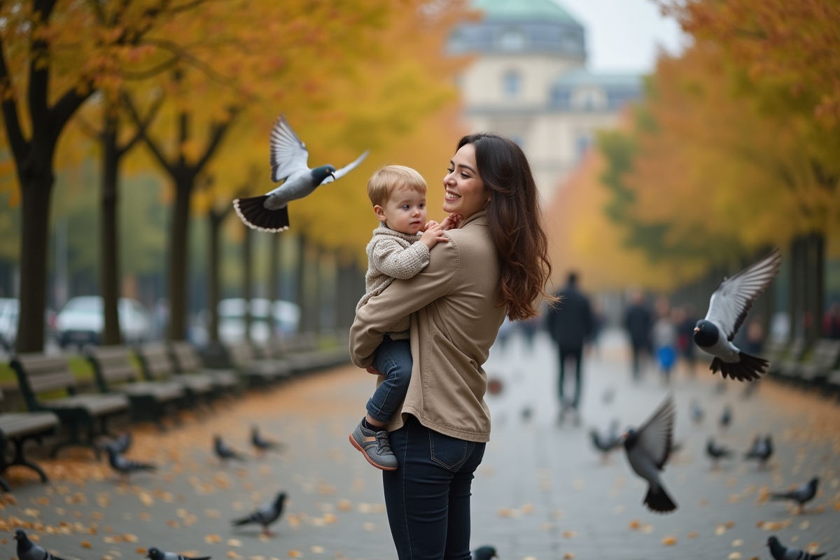 Maman portant son enfant dans un parc en automne