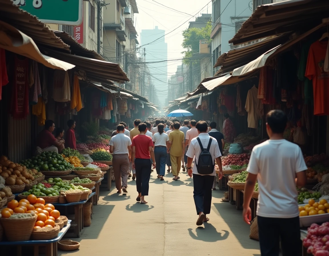 Marché de rue animé dans un quartier urbain densément peuplé d'Asie du Sud-Est illustrant la concentration de population