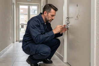 Serrurier professionnel intervenant devant une porte d'appartement dans un immeuble à Nanterre