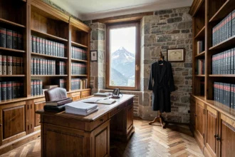 Vue grand angle d'un cabinet d'avocats dans les Hautes-Pyrénées avec des étagères de codes juridiques et une fenêtre donnant sur les montagnes pyrénéennes