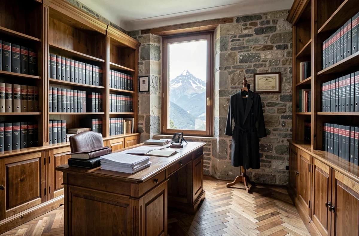 Vue grand angle d'un cabinet d'avocats dans les Hautes-Pyrénées avec des étagères de codes juridiques et une fenêtre donnant sur les montagnes pyrénéennes