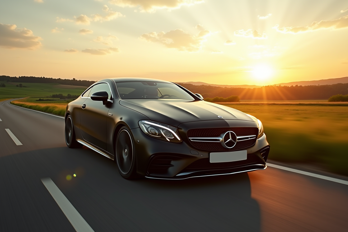 Mercedes-Benz noire roulant dans la campagne luxembourgeoise au lever du soleil