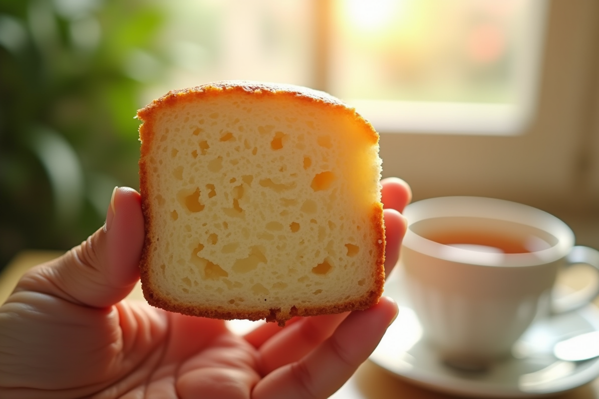 Mains tenant un morceau de gâteau moelleux et léger