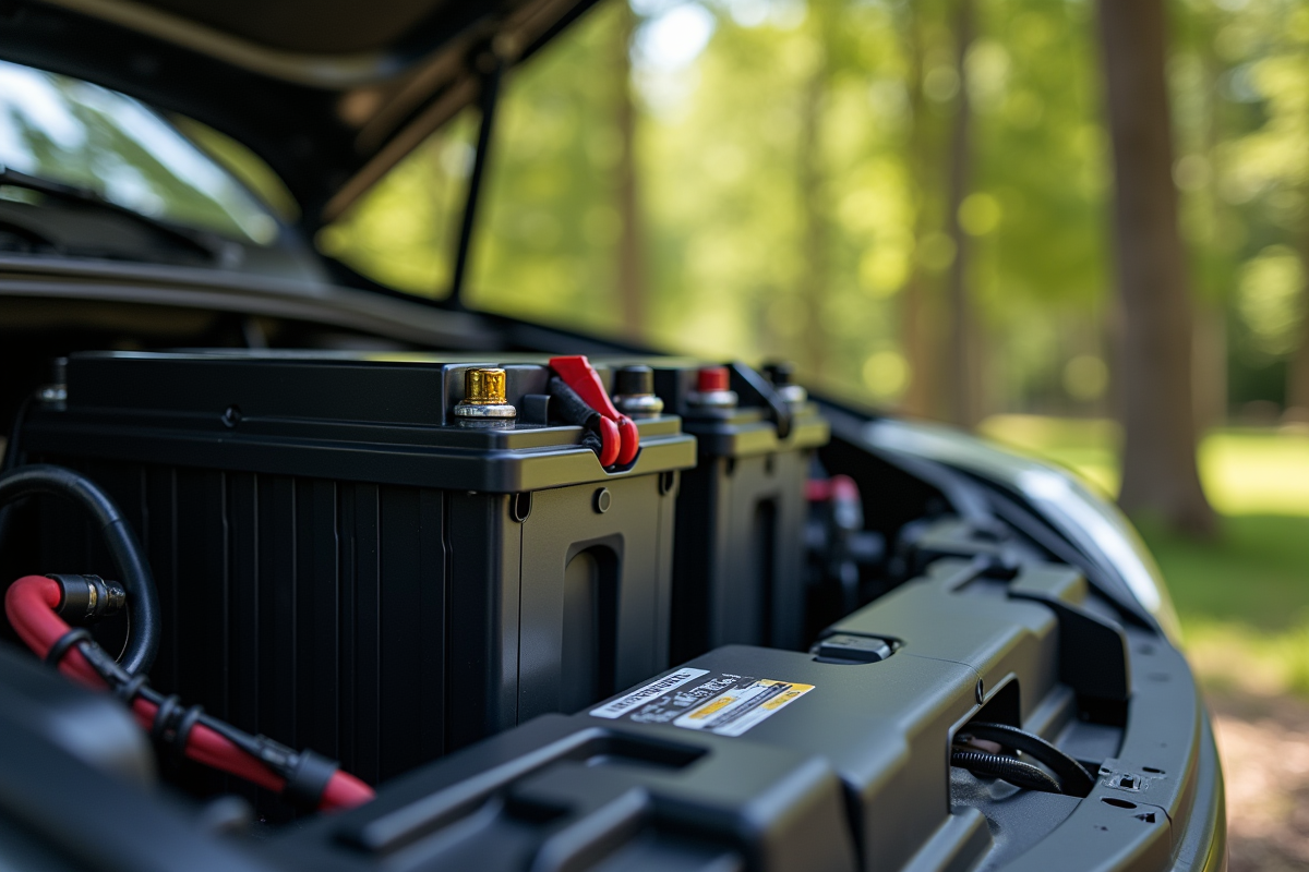 Batteries de camping-car dans le compartiment moteur en extérieur