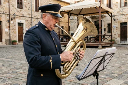 Musicien en uniforme de fanfare militaire jouant du tuba sur une place pavée lors d'une répétition en plein air