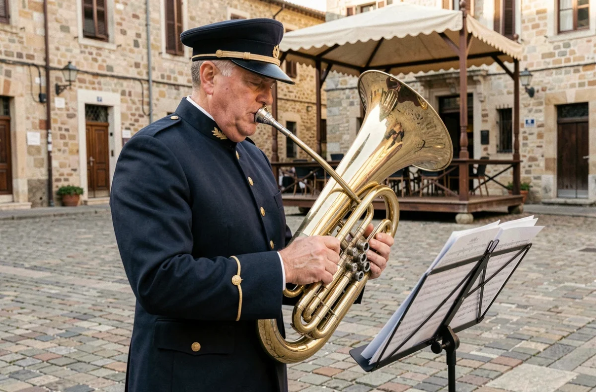 Musicien en uniforme de fanfare militaire jouant du tuba sur une place pavée lors d'une répétition en plein air