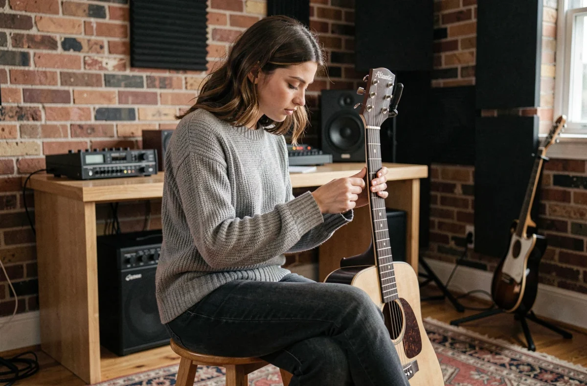 Jeune musicienne examinant les mécaniques et le sillet d'une guitare Atlantic pour en vérifier la qualité de fabrication