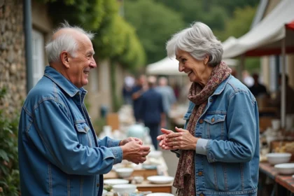 Femme en denim et foulard négociant avec un homme âgé au vide grenier