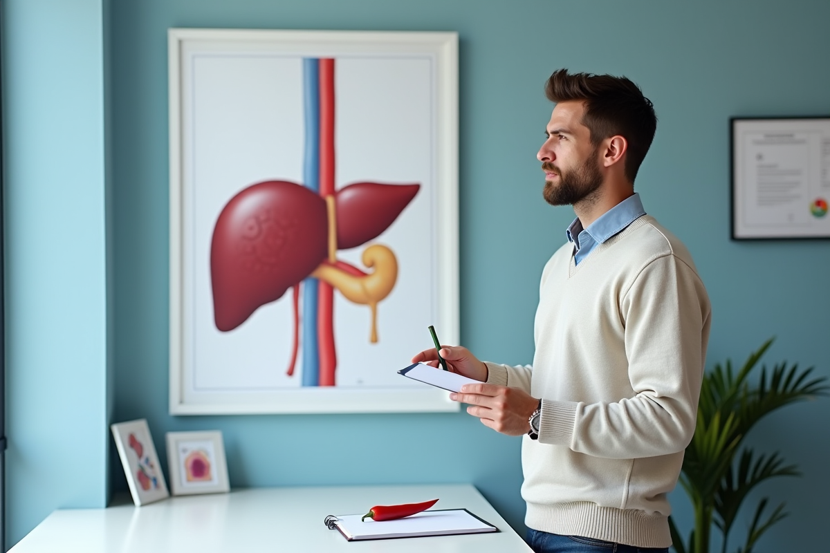Nutritionniste en consultation montre un diagramme du foie