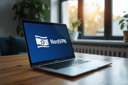 Ordinateur portable affichant NordVPN avec drapeau d'Israël en fond