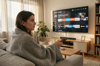Femme regardant un service de streaming sur sa télévision depuis son canapé, cherchant où regarder une série après Netflix