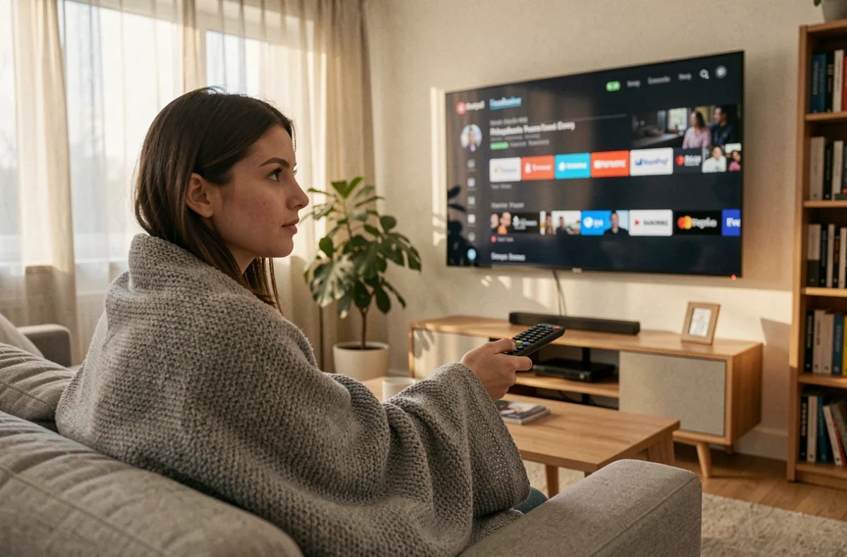 Femme regardant un service de streaming sur sa télévision depuis son canapé, cherchant où regarder une série après Netflix
