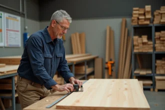 Ouvrier mesurant une planche en atelier bois