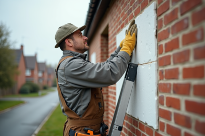 Ouvrier en overalls posant des panneaux d'isolation sur un mur