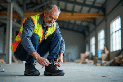 Ouvrier en sécurité chaussant ses chaussures de travail