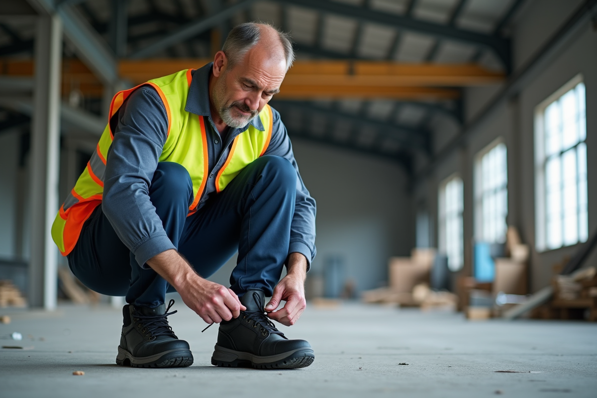 Ouvrier en sécurité chaussant ses chaussures de travail