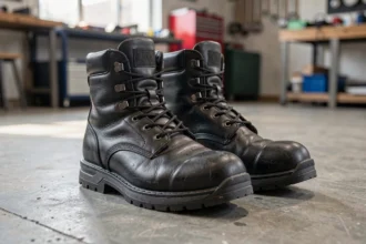 Paire de chaussures de sécurité noires posée sur le sol d'un atelier