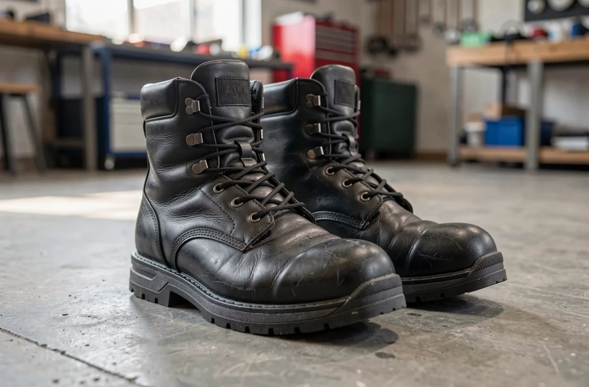 Paire de chaussures de sécurité noires posée sur le sol d'un atelier