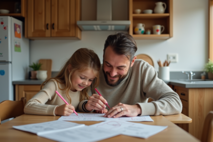 Père et fille dessinant ensemble dans la cuisine chaleureuse