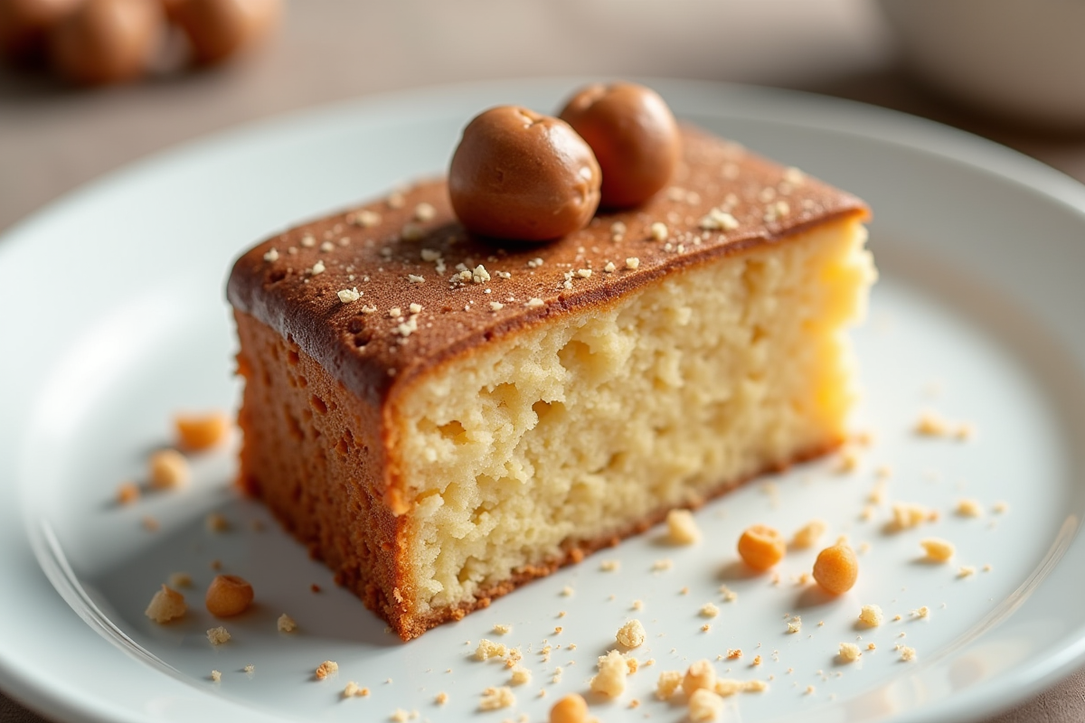 Morceau de gâteau Joconde aux noisettes sur assiette blanche