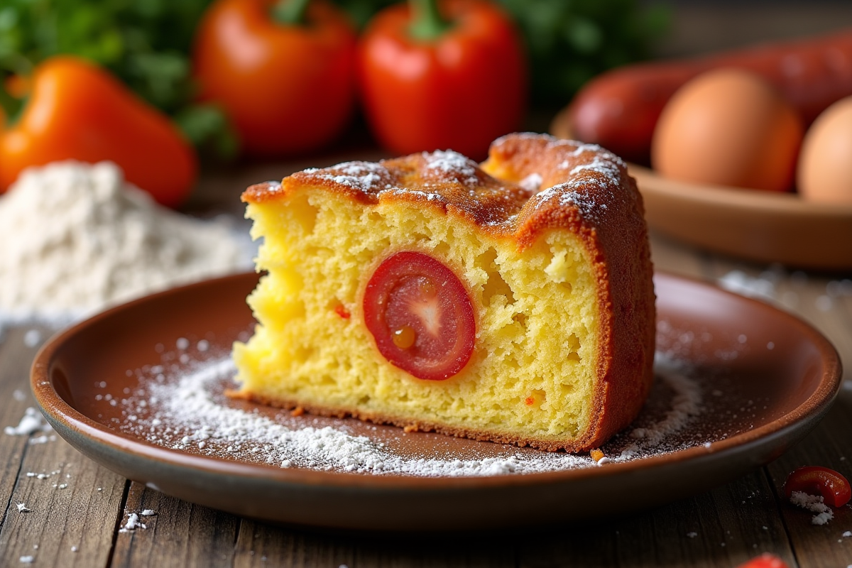 Tranche de gâteau aux poivrons et chorizo sur assiette rustique