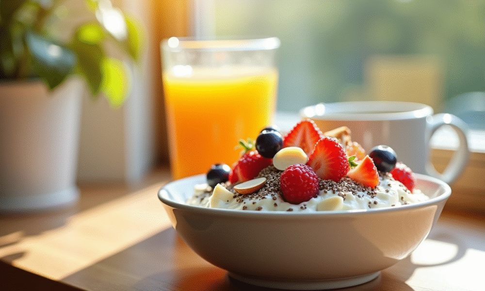 Bol de yogourt grec avec fruits rouges et graines