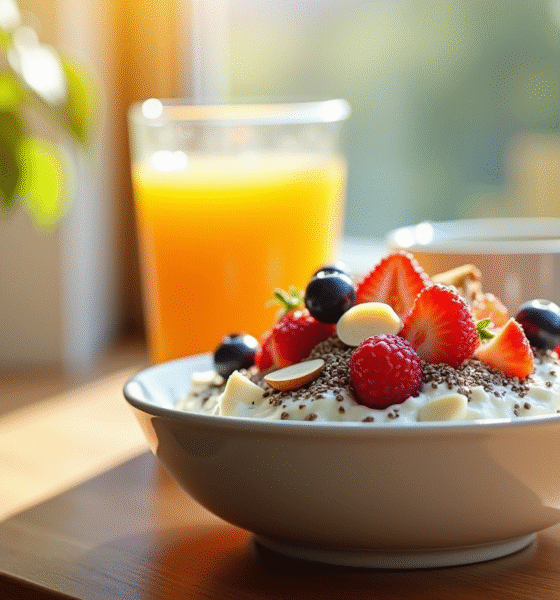 Bol de yogourt grec avec fruits rouges et graines