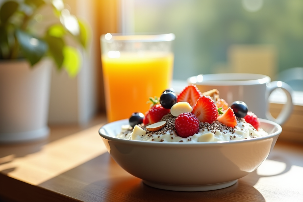 Bol de yogourt grec avec fruits rouges et graines