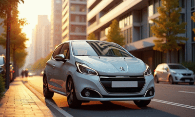 Voiture Peugeot 208 d'occasion en ville en fin d'après-midi