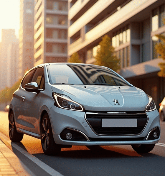 Voiture Peugeot 208 d'occasion en ville en fin d'après-midi