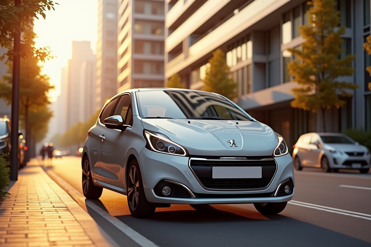 Voiture Peugeot 208 d'occasion en ville en fin d'après-midi