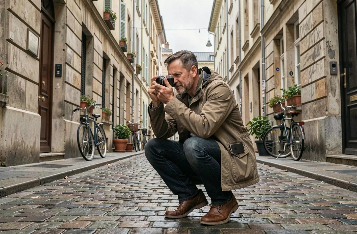 Photographe utilisant un appareil photo compact dans une rue européenne avec smartphone dans la poche