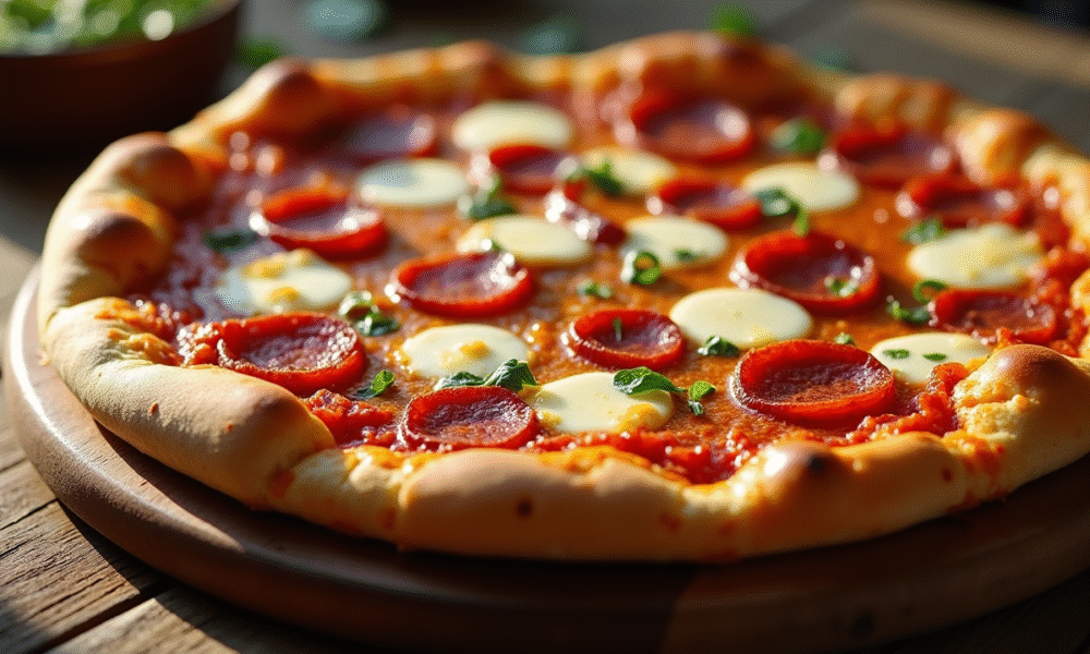 Pizza chorizo fraîche sur table en bois rustique