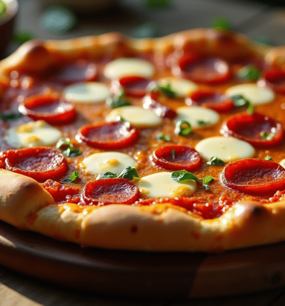 Pizza chorizo fraîche sur table en bois rustique