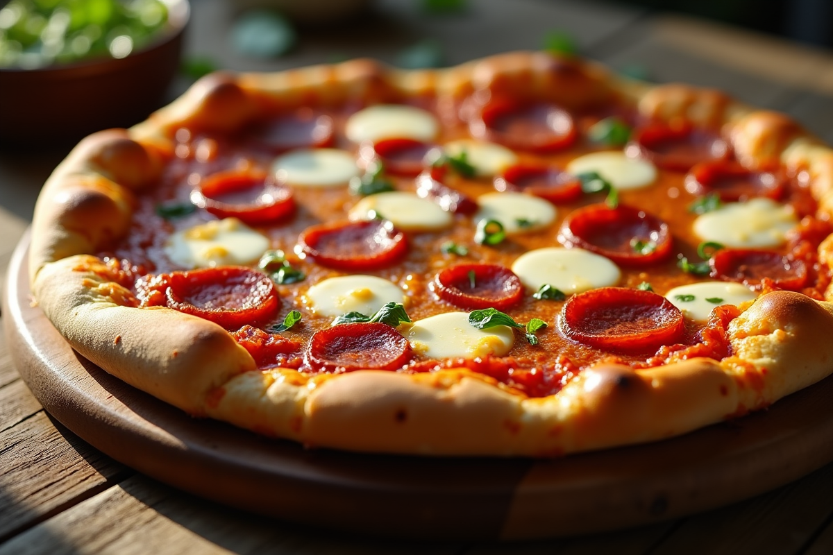 Pizza chorizo fraîche sur table en bois rustique