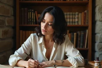 Poète française écrivant un poème rimé à la plume sur un bureau en chêne ancien entouré de livres de littérature française