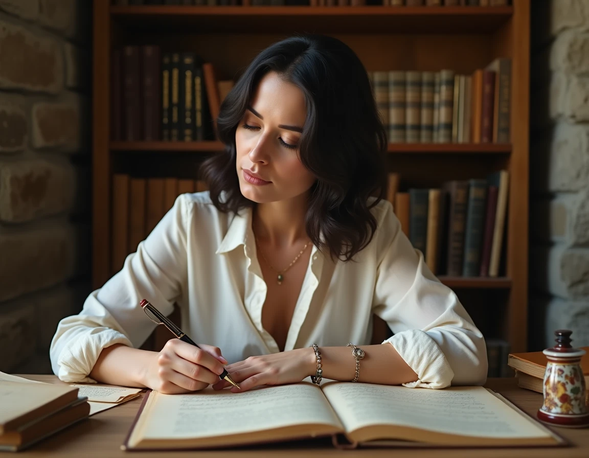 Poète française écrivant un poème rimé à la plume sur un bureau en chêne ancien entouré de livres de littérature française
