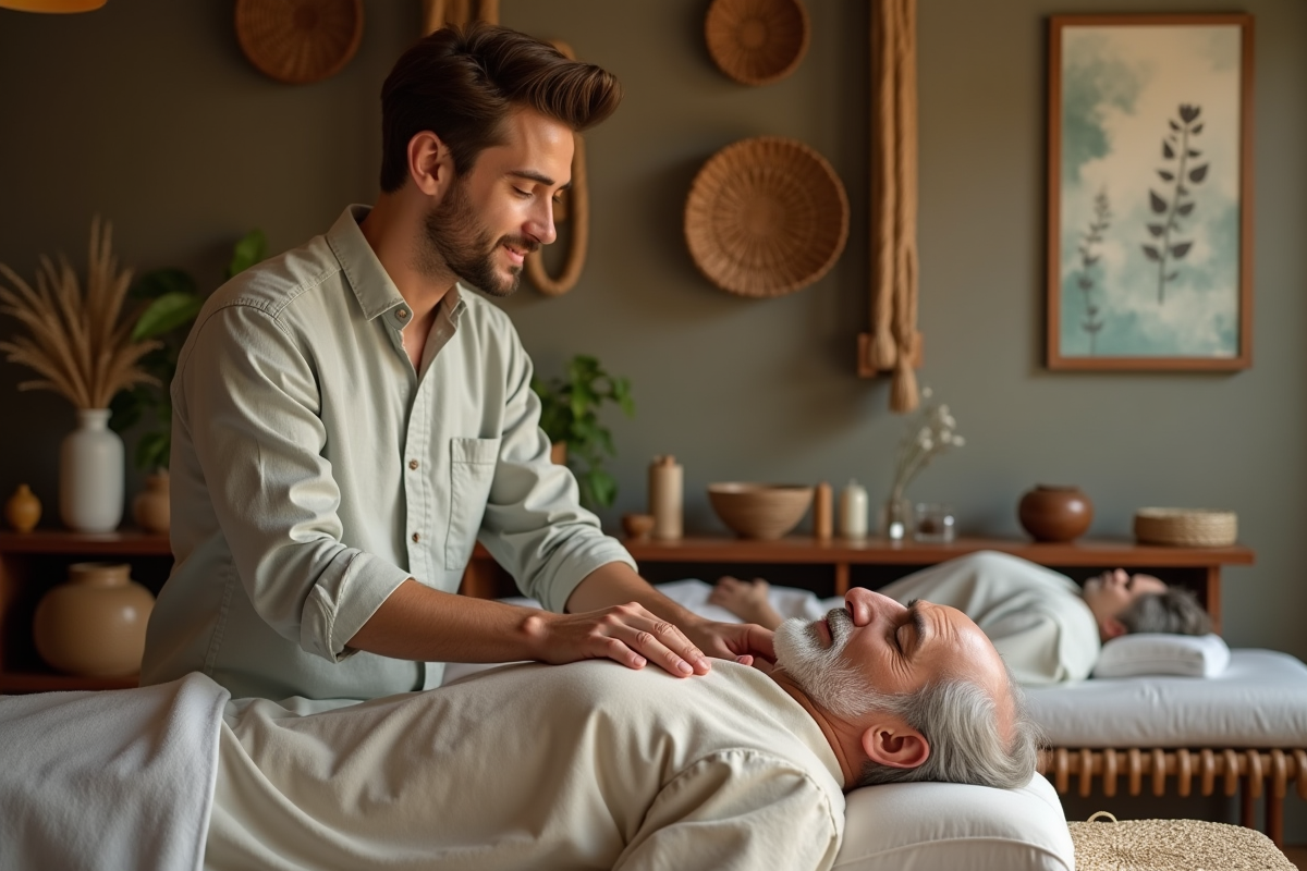 Praticien relaxe guidant un homme lors d