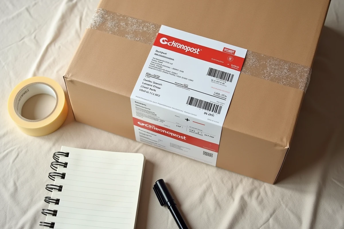Vue de dessus d'un colis Chronopost prêt à être déposé avec étiquette code-barres ruban et emballage bulles