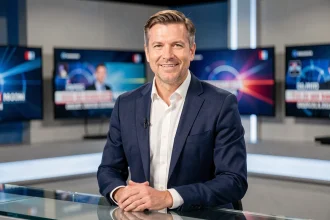 Présentateur TV français populaire en 2026 derrière un bureau de studio moderne