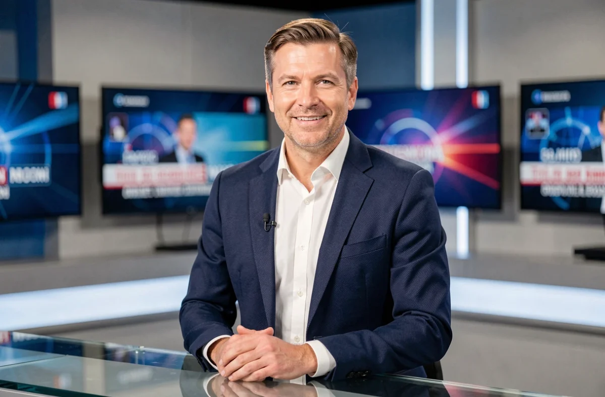 Présentateur TV français populaire en 2026 derrière un bureau de studio moderne