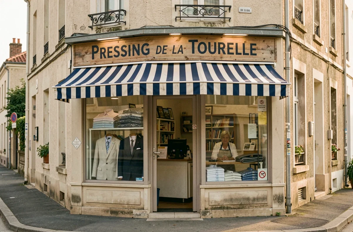 Façade du Pressing de la Tourelle dans une rue résidentielle du Val-de-Marne avec auvent rayé