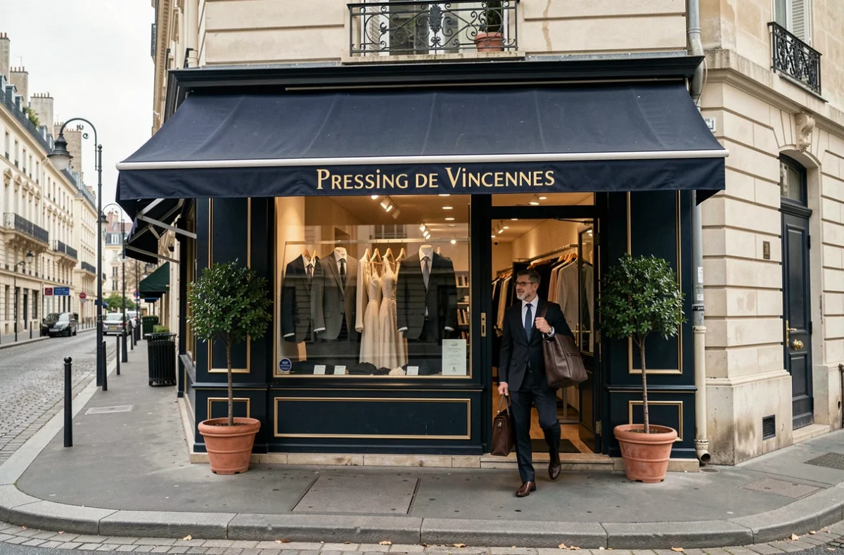 Devanture élégante du Pressing de Vincennes avec auvent marine et dorures sur une rue haussmannienne