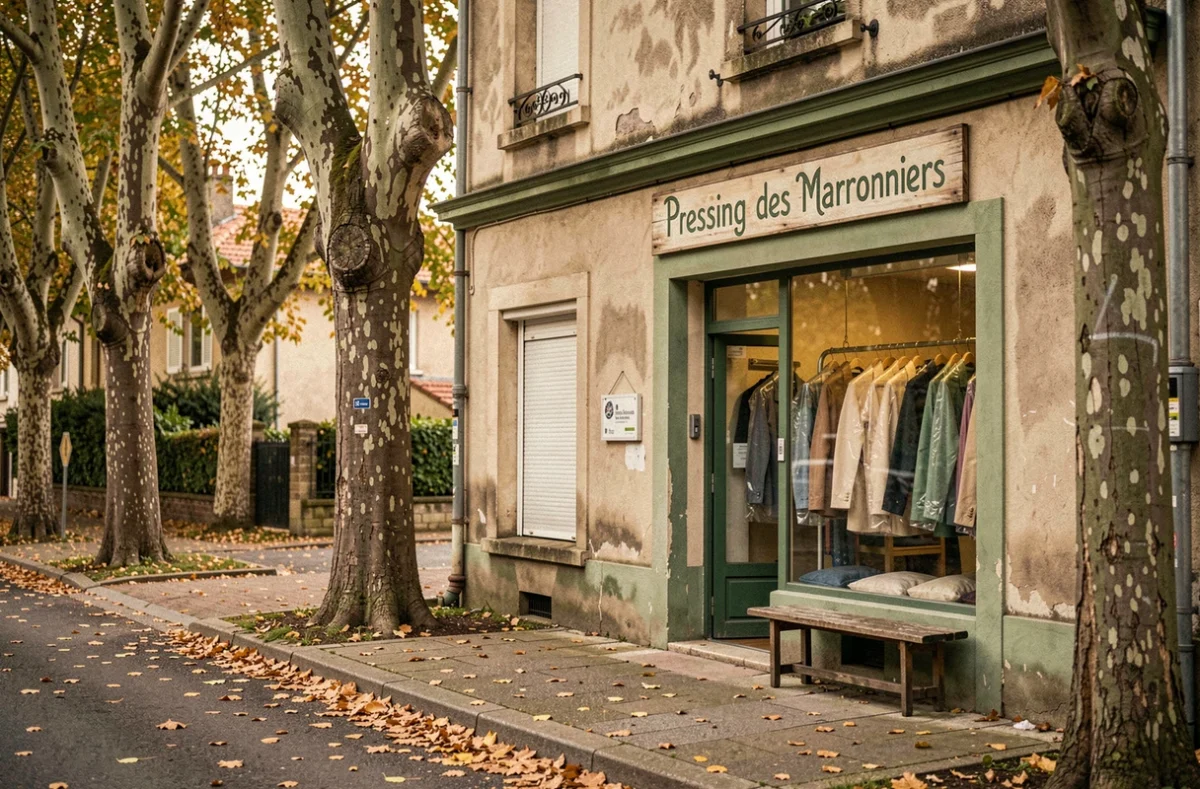 Extérieur du Pressing des Marronniers entouré de feuilles d'automne dans une rue du Val-de-Marne