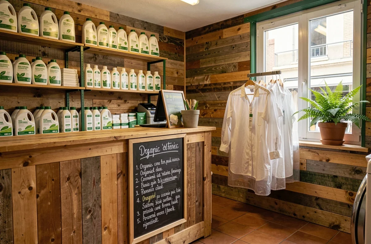 Intérieur d'un pressing bio du Val-de-Marne avec produits écologiques certifiés et vêtements en sachets compostables