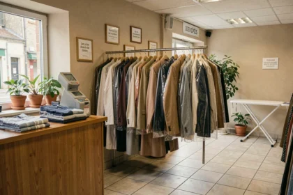 Intérieur d'un pressing typique du Val-de-Marne avec vêtements sous housses et comptoir d'accueil