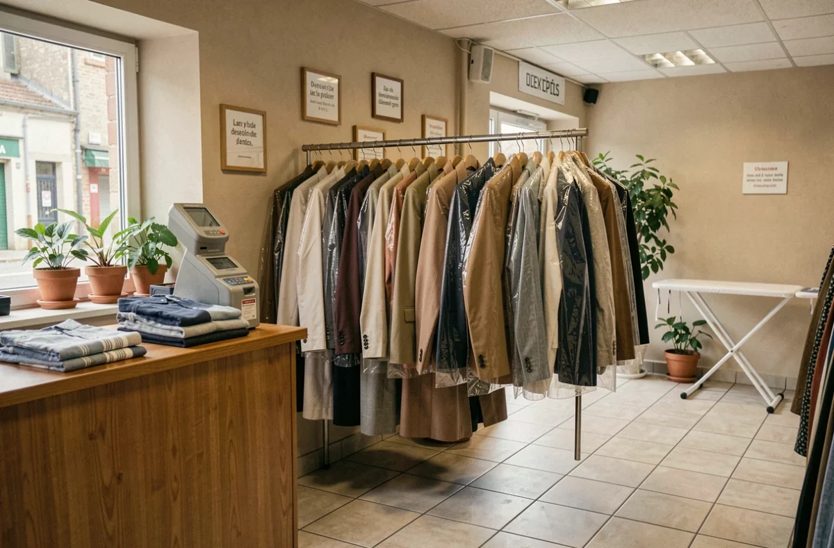 Intérieur d'un pressing typique du Val-de-Marne avec vêtements sous housses et comptoir d'accueil