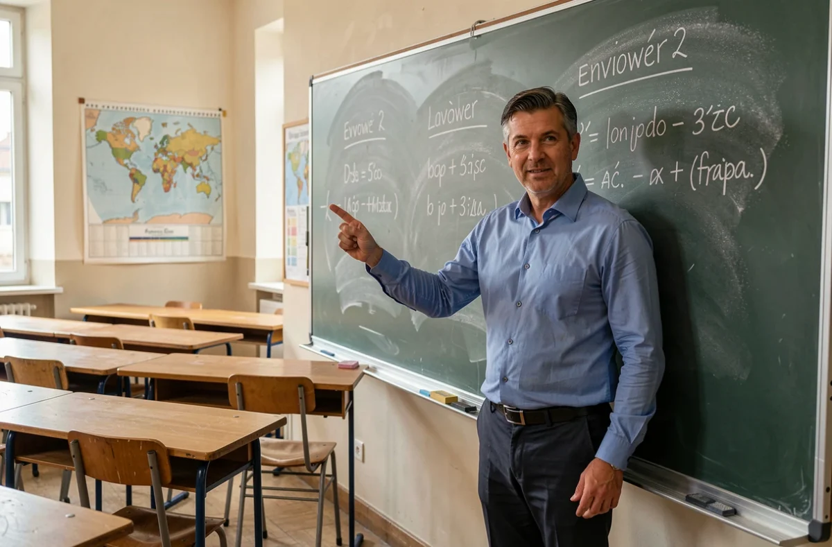 Enseignant devant un tableau noir avec les conjugaisons du verbe envoyer écrites à la craie, pour expliquer la différence entre je t'envoie et je t'envoi