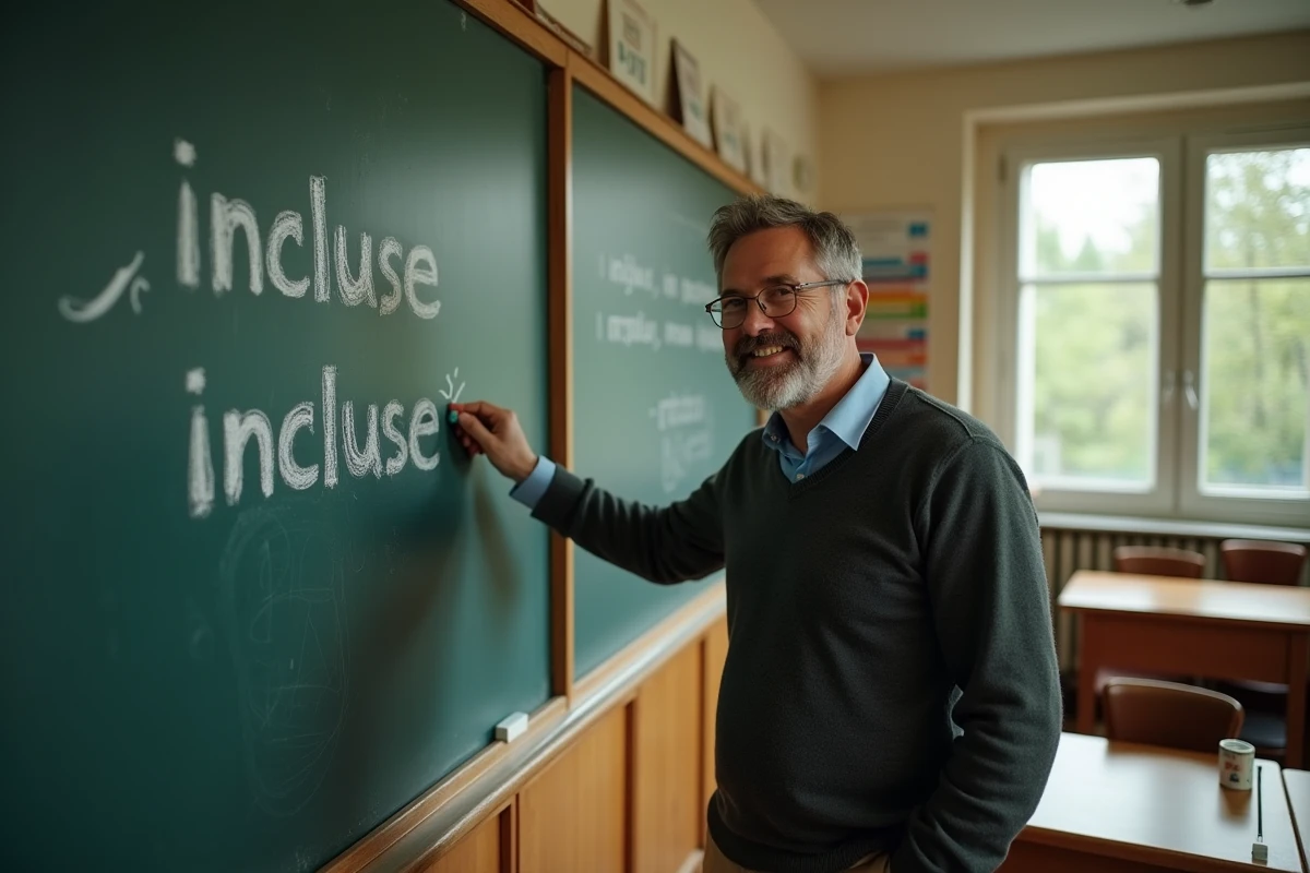 Professeur français pointant une phrase sur le tableau en classe